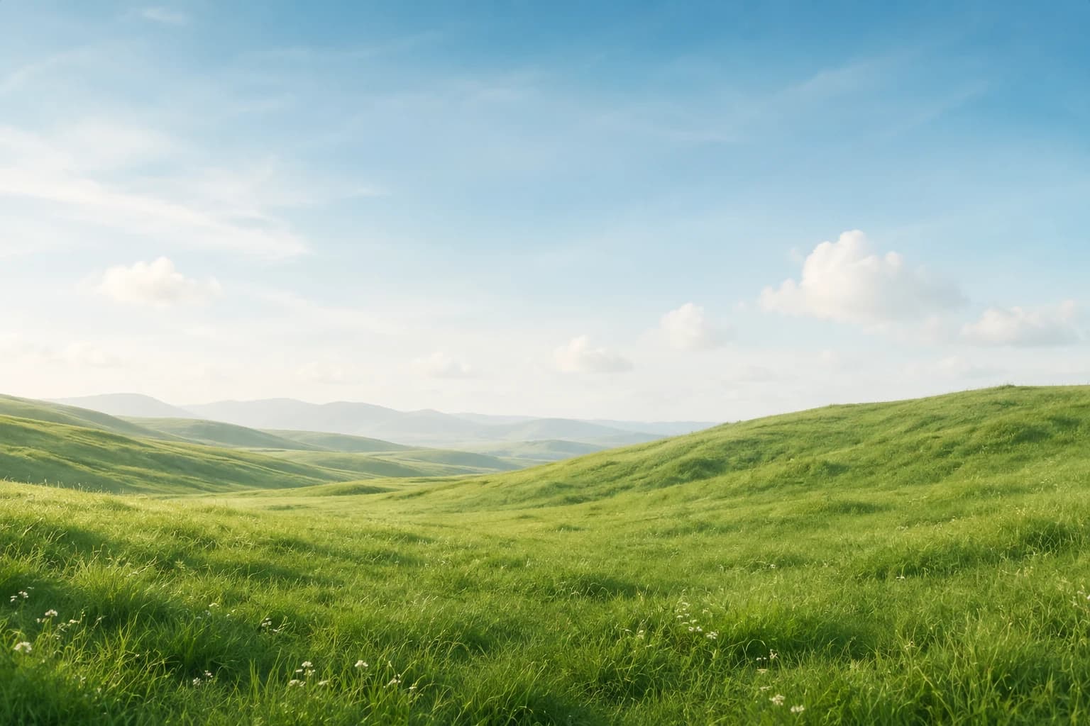 Rolling green hills under a bright blue sky