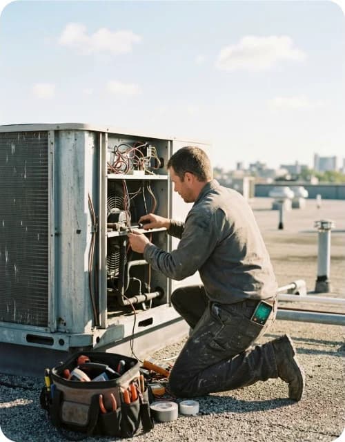 HVAC technician repairing a rooftop unit while his phone rings in his pocket